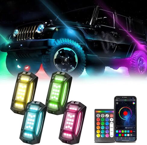 مصابيح موسيقى الروك GSRecy للشاحنات ، 4 قرون RGB LED مصابيح الصخور مع التطبيق/التحكم عن بعد/وضع الموسيقى ، وعربة عالية الطاقة متعددة الألوان underbody صخور النيون النيون لقطات خارج الطريق RZR ATV UTV GOLF CART in Kuwait