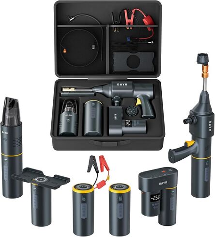 BAYU 6 in 1 Car Battery Jump Starter with Air Compressor, Portable 12V 1500A Auto Jump Box, 150PSI Tire Inflator, 19000PA Car Vacuum Cleaner, Cordless Pressure Washer in Saudi Arabia