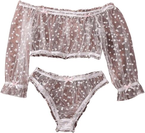 OYOANGLE Women's 2 Piece Lingerie Set Floral Mesh Frill Trim Off Shoulder See Through Bra and Panty Sets in Saudi Arabia