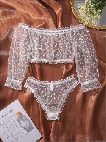 OYOANGLE Women's 2 Piece Lingerie Set Floral Mesh Frill Trim Off Shoulder See Through Bra and Panty Sets in Saudi Arabia