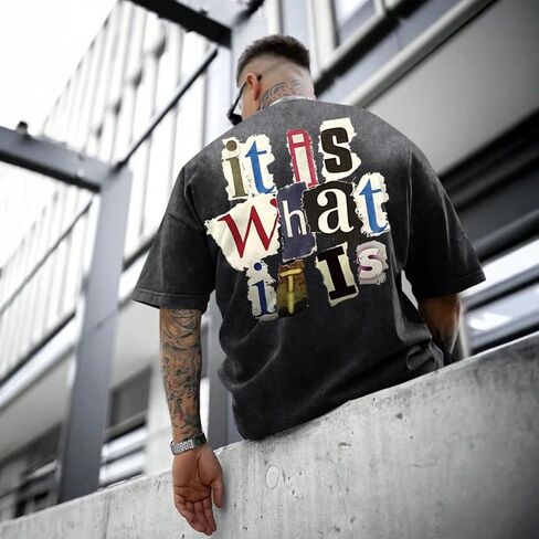 Men's Graphic Tees Funny Letter Print Vintage Oversize T Shirts Acid Wash Shirt Streetwear Rapper Casual Tee Top in Saudi Arabia
