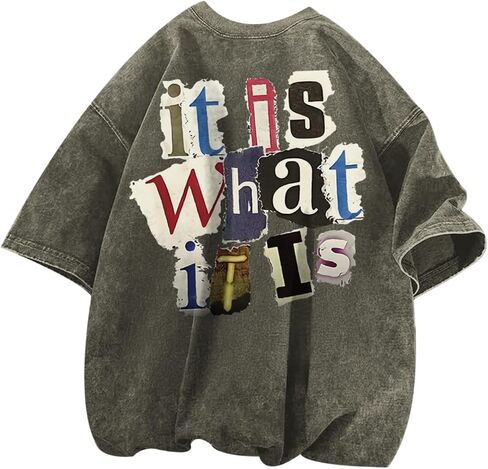 Men's Graphic Tees Funny Letter Print Vintage Oversize T Shirts Acid Wash Shirt Streetwear Rapper Casual Tee Top in Saudi Arabia
