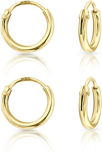 Set of 2 PAIRS of VERY TINY Endless Hoops/Sleepers 925 Sterling Silver, 24K Yellow or 18K Rose Gold Plated Earrings - Cartilage/Helix/Tragus - Thickness 1.2 mm - Outer Diameter: 8, 10, 12 or 10+12 mm in Saudi Arabia