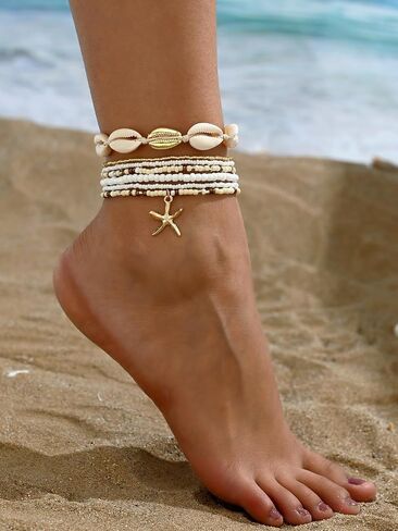 Shell Starfish Anklets Bracelet for Women,Boho Seashell Beaded Anklet Colorful Beaded Puka Shell Anklet Summer Beach Waterproof Surfer Starfish Anklets Jewelry in Saudi Arabia