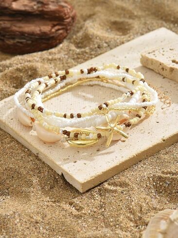 Shell Starfish Anklets Bracelet for Women,Boho Seashell Beaded Anklet Colorful Beaded Puka Shell Anklet Summer Beach Waterproof Surfer Starfish Anklets Jewelry in Saudi Arabia