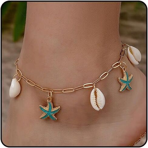Charm Starfish Shell Ankle Bracelets for Women, Trendy 14K Gold Paperclip Chain Sea Star Statement Anklets Boho Ocean Holiday Seashell Foot Jewelry in Saudi Arabia