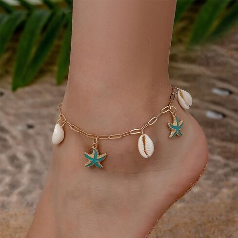 Charm Starfish Shell Ankle Bracelets for Women, Trendy 14K Gold Paperclip Chain Sea Star Statement Anklets Boho Ocean Holiday Seashell Foot Jewelry in Saudi Arabia