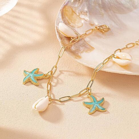 Charm Starfish Shell Ankle Bracelets for Women, Trendy 14K Gold Paperclip Chain Sea Star Statement Anklets Boho Ocean Holiday Seashell Foot Jewelry in Saudi Arabia