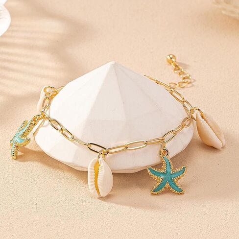 Charm Starfish Shell Ankle Bracelets for Women, Trendy 14K Gold Paperclip Chain Sea Star Statement Anklets Boho Ocean Holiday Seashell Foot Jewelry in Saudi Arabia