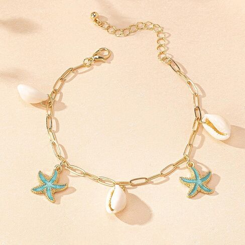 Charm Starfish Shell Ankle Bracelets for Women, Trendy 14K Gold Paperclip Chain Sea Star Statement Anklets Boho Ocean Holiday Seashell Foot Jewelry in Saudi Arabia