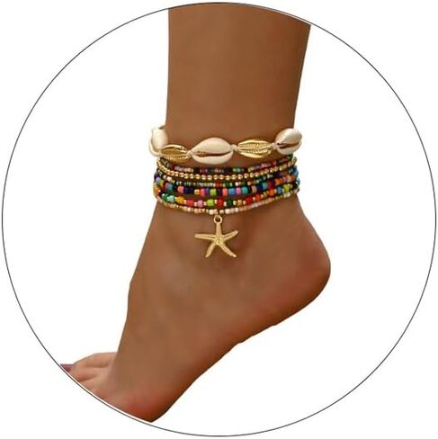 Shell Starfish Anklets Bracelet for Women,Boho Seashell Beaded Anklet Colorful Beaded Puka Shell Anklet Summer Beach Waterproof Surfer Starfish Anklets Jewelry in Saudi Arabia