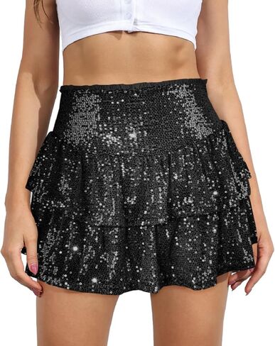 تنورة مصغرة للترترات مع سراويل قصيرة الكشكش عالية الخصر تتنورة بريق براقة متدفق in Kuwait