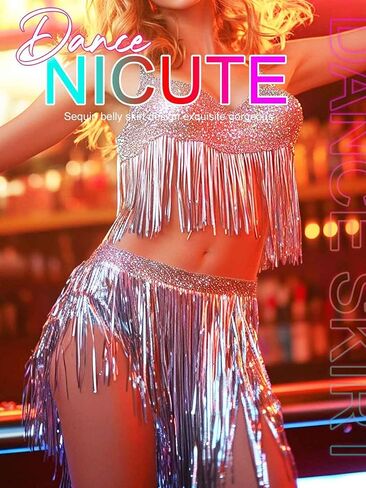 Nicute Sparkly Sequin Skirt Fringe Belly Skirt Hip Scarf Festival Dance Skirt Costume for Women in Saudi Arabia