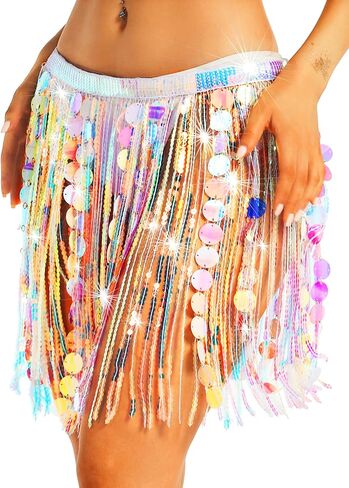 Nicute Sparkly Sequin Skirt Fringe Belly Skirt Hip Scarf Festival Dance Skirt Costume for Women in Saudi Arabia