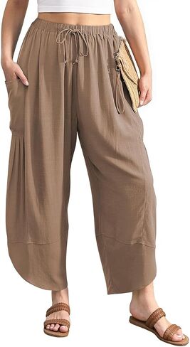 Tarse Linen Linen Harem Pants عرضية خرق مرن مرن الخصر الصيفي الشاطئ. in Kuwait