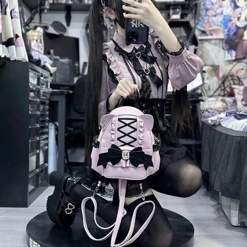 Pokn Jirai Kei Kawaii Bag Gothic Cute Bag Mini Leather Backpack Fashion Small Daypacks Purse for Women Cutecore (Pink) in Saudi Arabia
