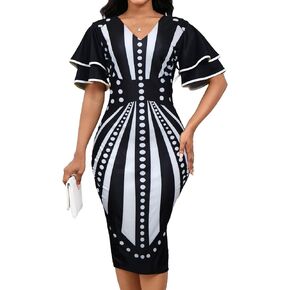 VisiChenup Women's Sexy African Pencil Dress Ruffles Sleeve Bodycon Midi Dresses