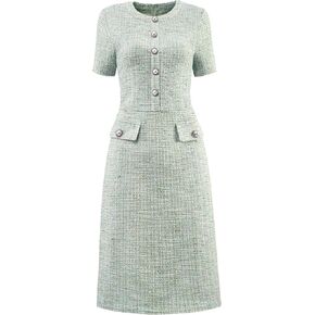 Women's Short Sleeve A-line Dress Button Decor Elegant Work Tweed Dresses