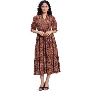 Women's Floral Summer Maxi Dress I Cotton Printed I One Piece Bodycon Midi Dress with V-Neck, Puffed Sleeves