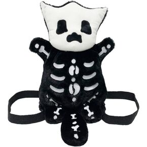 Plush Skeleton Cat Backpack, Dual-Strap Y2K Aesthetic, Novelty Gothic Kitten Daypack with Soft Texture (Black)