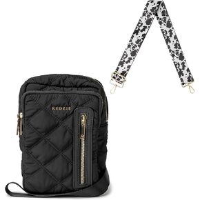 KEDZIE Cloud 9 Quilted Puffer Convertible Sling Bag (Black) & Interchangeable 2-Inch Bag Strap (Deja Moo)