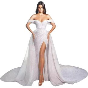Off Shoulder Sequin Wedding Dresses Long Ball Gown Tulle Sparkly Prom Formal Evening Gowns with Slit 2024