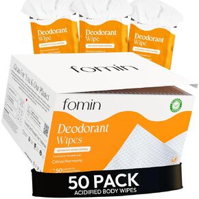 FOMIN Acidified Travel Deodorant Wipes For Women & Men - 50 Count - Variety Pack - pH Balanced, Mini Deodorant Travel Size Wipes - Plastic-Free, Individually Wrapped Underarm Body Wipes