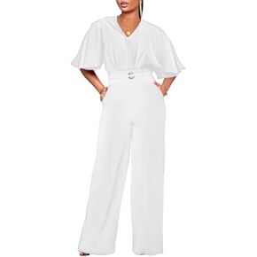Dressy Jumpsuits for Women Elegant One Piece Jumpsuits V-Neck Ruffle Short Sleeve Wide Leg Ladies Jumpsuit Rompers