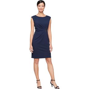 S.L. Fashions Women's Short Stretch Sheath Business Casual Day Dress with Side Ruched Waist and Hardware Detail
