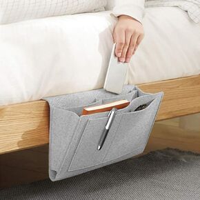 5 Pockets Bedside Caddy, Felt Bed Storage Organizer Hanging Bag Holder for Magazine Book Phone Tablet iPad Cables Remote and Water Bottle Holder Home Dorm Bed Sofa-Light Gray