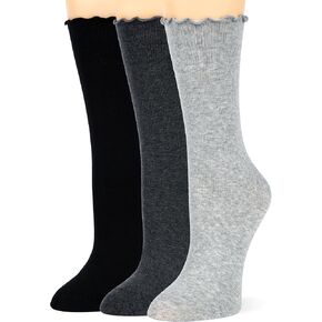 Ruffle Turn-Cuff Socks for Women, Ladies Thin Crew Cotton Lettuce Frilly Boot Sock for Trouser, Dress, Business