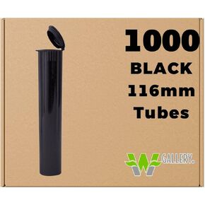 W Gallery 1000 Black 116mm OPEN CAP Pop Top Tubes - Airtight Smell Proof Containers - Plastic Medical Grade Prescription Bottles for Pills Herbs Flowers Supplements, Bulk Pack, Not Glass Jars