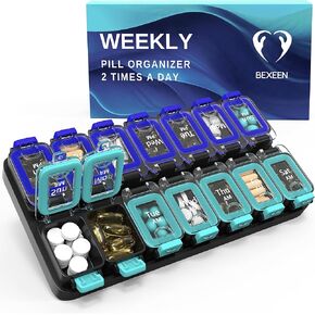 Extra Large Weekly Pill Organizer 2 Times A Day - Airtight Pill Box 7 Day - Am Pm Vitamin Case - Medicine Container Two Week Supplement Holder Daily Medication Storage Twice Med XL Green/Blue