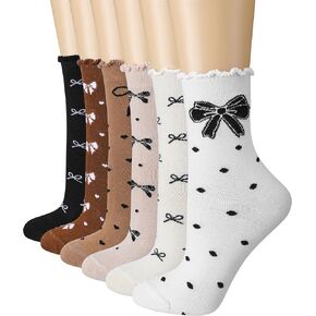 6 Pairs Ruffle Bow Socks for Women Fashion Aesthetic Knit Bow Pattern Crew Socks Lolita Princess Accessories Birthday Holiday Gifts for Women