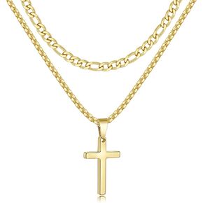 Fiusem 2 Pcs Cross Necklace Chain for Men and Women, Stainless Steel Layered Mens Cross Necklaces with Pendant, Figaro and Box Chain 16-24 Inch