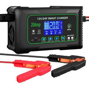 20 Amp Smart Battery Charger, 12V/20A and 24V/10A Car Battery Charger, Trickle & Maintainer Pulse Repair for Lithium, Lifepo4, Lead-Acid (AGM/Gel/SLA), Boat, Motorcycle, Golf Cart, Tractors