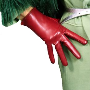 DooWay Women Wrist Short Leather Gloves Faux Sheepskin PU 8-inch Burgendy Stretchy Women Party Costume Finger Gloves