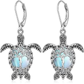 Sea Turtle Earrings Moonstone Tree of Life Turtle Earrings for Women Sterling Silver Dangle Moonstone Leverback Hawaii Gifts
