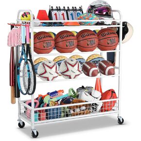 Garage Sports Equipment Organizer - Rolling Ball Storage Bin with Wheels, Garage Sports Gear Rack Outdoor Basketball Racks for Balls with Baseball Bat Holder and Hooks, Toy Organizer(White)