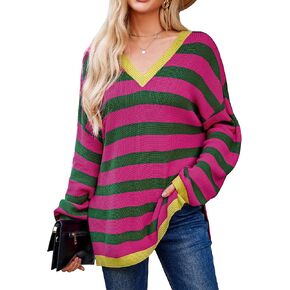 Blooming Jelly Womens Striped Sweater Oversized V Neck Side Slit Cute Long Sleeve Tops Pullover Fall 2024 Trendy Casual Tunic