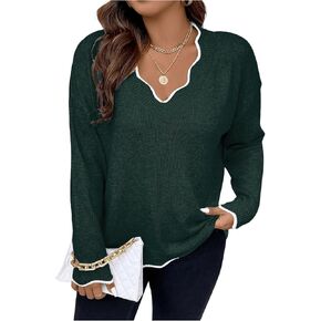 MakeMeChic Women's Plus Size Contrast Binding Sweater V Neck Scallop Trim Long Sleeve Knitted Tops