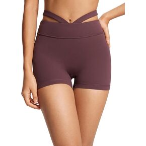 Womens Biker Shorts 4 Inches High Waisted No Front Seam Hollow Belt Running Workout Yoga Shorts