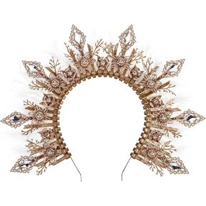 Feather Halo Crown Headpiece - Zip Tie Fantasy Queen Greek Goddess Headpiece Handmade Angle Wedding Headband for Halloween Cosplay Party White Feather Cube Glass Drill Renaissance