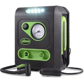 Slime 40034 Tire and Mattress Inflator, All-Purpose, High Pressure, High Volume, Analog 100 psi Dial Gauge, LED Light, 8 min Tire inflation, 3 Min Mattress inflation