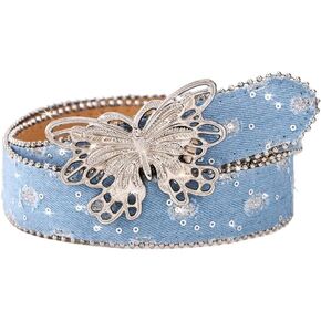 Ursumy Women Denim Waist Belt Blue Jean Belt Butterfly Waist Belt Y2K Belt for Jeans Pants Ladies Cowgirls Cowboys Belt