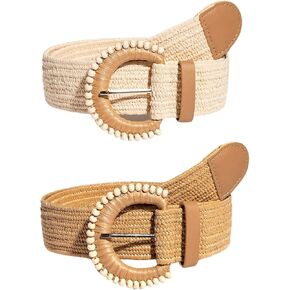GORGLITTER Women's 2 Pack Woven Belts Raffia Belts Boho Belt Stretchy Dress Belt
