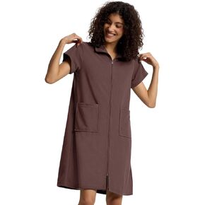 SIORO Zipper Robes for Women Waffle Knit Bathrobes Short Sleeve House Coat Lightweight Knee Length Loungewear with Pockets