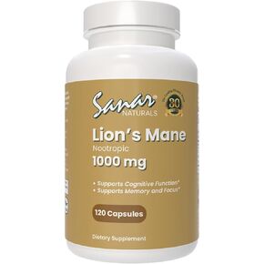 Sanar Naturals Lions Mane Capsules - التركيز ، الدعم للذاكرة ودعم الدماغ - أسود الفطر Mane Powder ملحق Nootropic - غير المعدلة وراثيًا ، خالية من الغلوتين ، 120 حبة