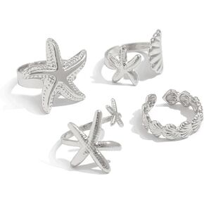 KURTCB Seashell Starfish Rings Set Gold Silver Summer Beach Surfer Conch Stacking Rings Beachy Jewelry for Women 4PCS