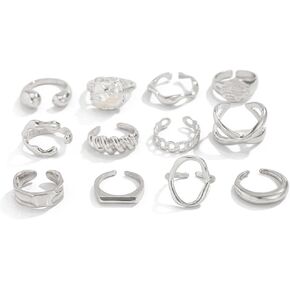 Ingemark Rings for Women 14K Gold Plated Chunky Teardrop Water Drop Ring Silver Adjustable Large Thick Smooth Curved Open Thumb Finger Rings 12 Pieces Bold Crossover Statement Ring Band